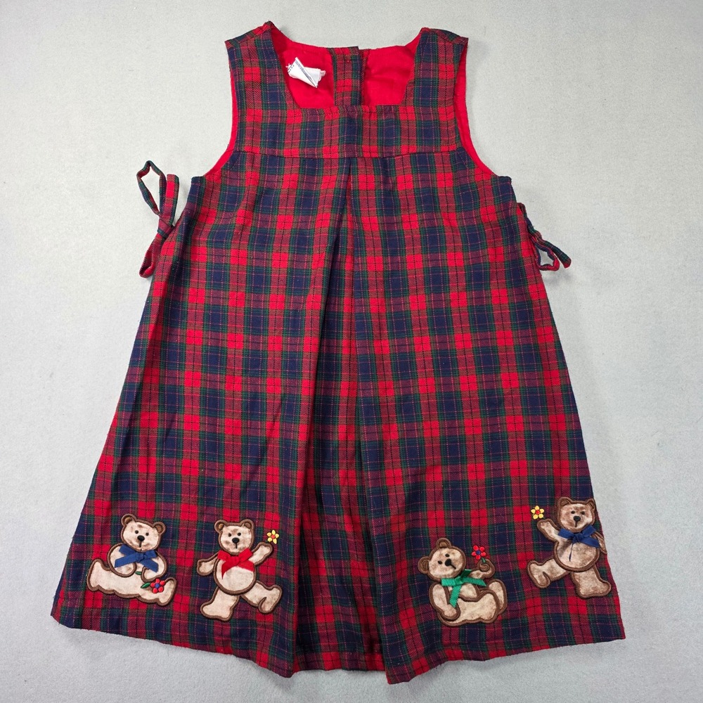Samara Vintage Girls Red Green Plaid Teddy Bear Applique Jumper Dress Size 5
